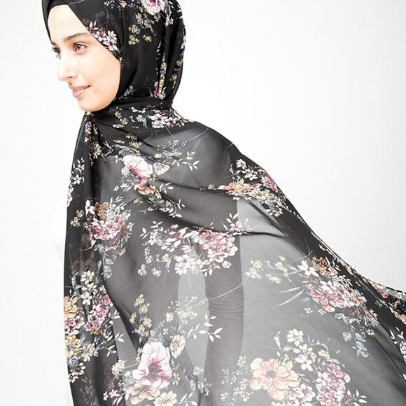 COLORFUL Floral Black Chiffon Hijab Square - Picture 1 of 5